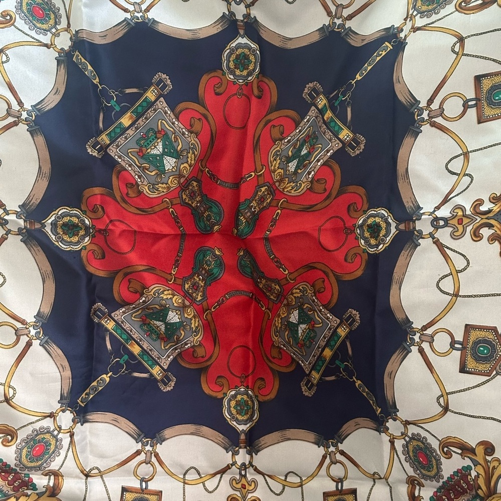 Hermes Scarf with Red, Blue, and Gold Design - Picture 3 of 5